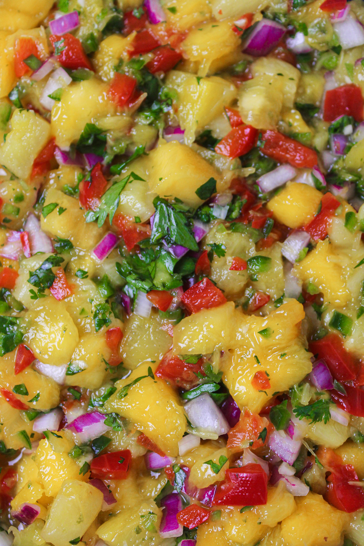 Close-up of mango pineapple salsa with colorful chunks of mango, pineapple, red bell pepper, red onion, and cilantro.