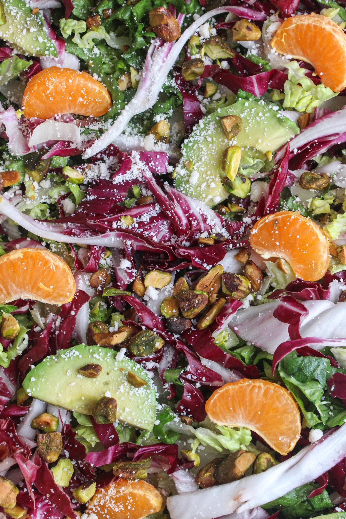 Overhead closeup of a salad with radicchio, oranges, avocado, and pistachios, highlighting the varied textures.
