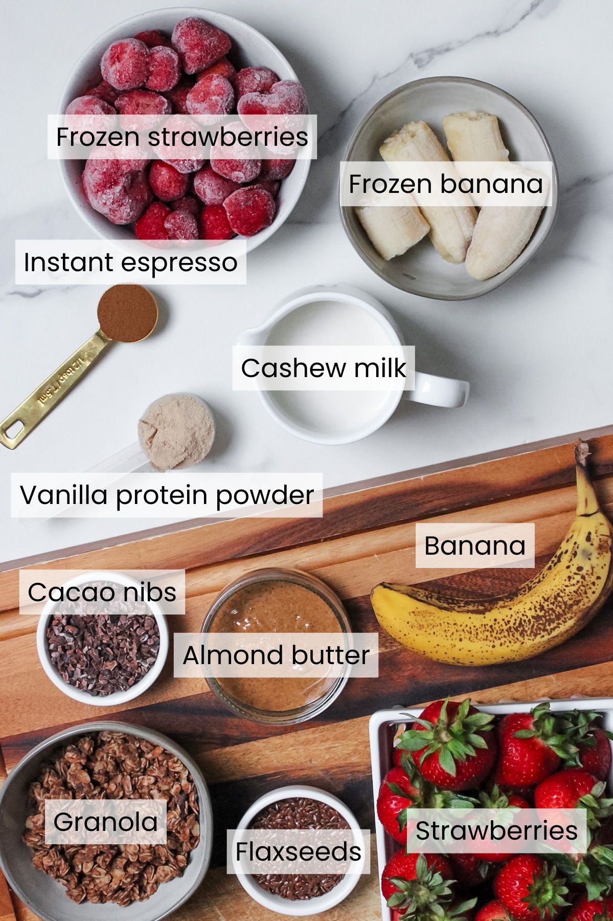 Ingredients for a strawberry banana espresso smoothie bowl: frozen banana, frozen strawberries, vanilla protein powder, instant espresso, and cashew milk, with toppings including banana, strawberries, granola, almond butter, cacao nibs, and flaxseeds.