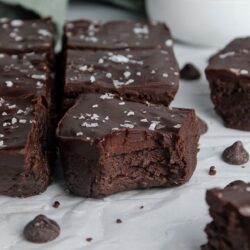 Fudgy no-bake protein brownies topped with chocolate ganache and a sprinkle of flaky sea salt.