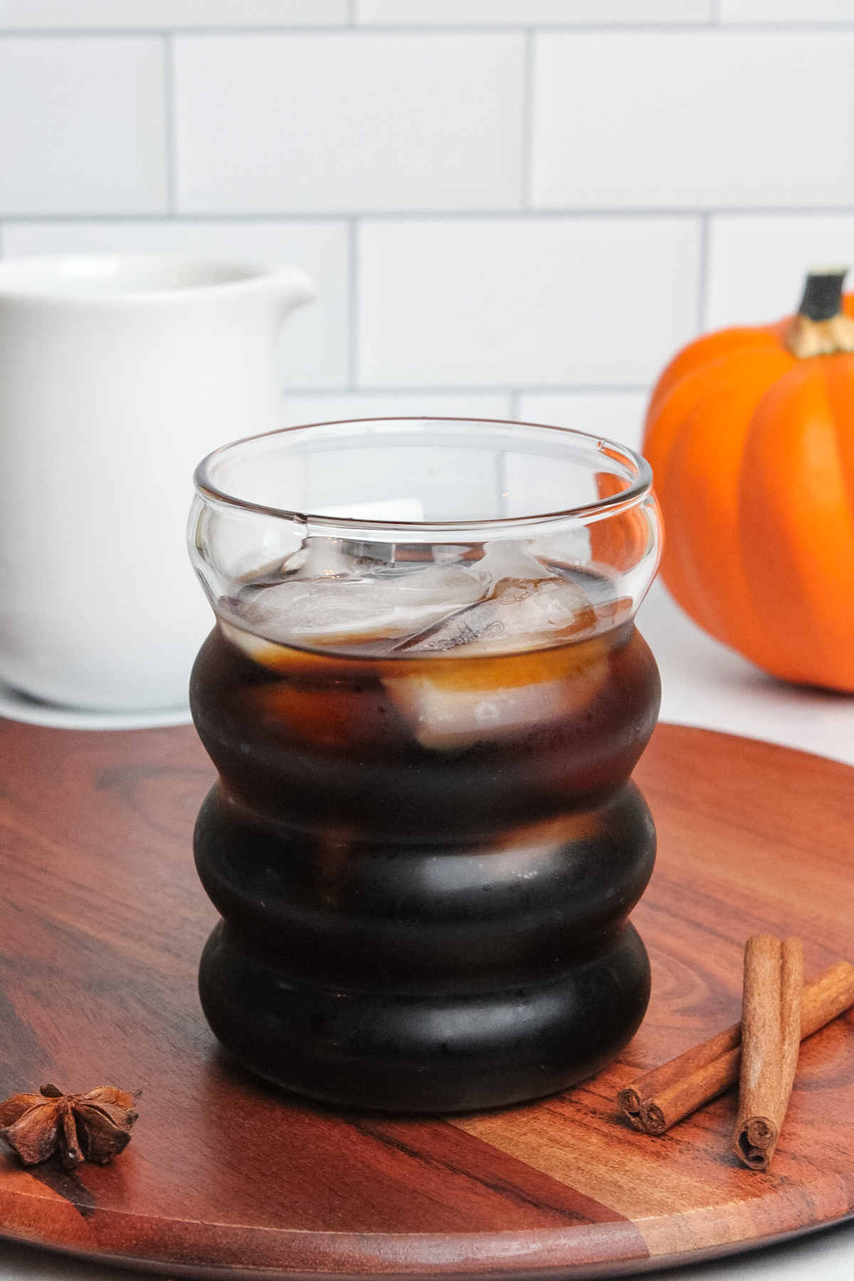 Ice and cold brew coffee in a glass.