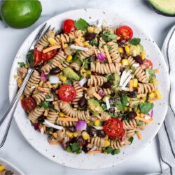 Vegan taco pasta salad with rotini, black beans, corn, avocado, tomatoes, red onion, cilantro, and dairy-free cheese on a plate.