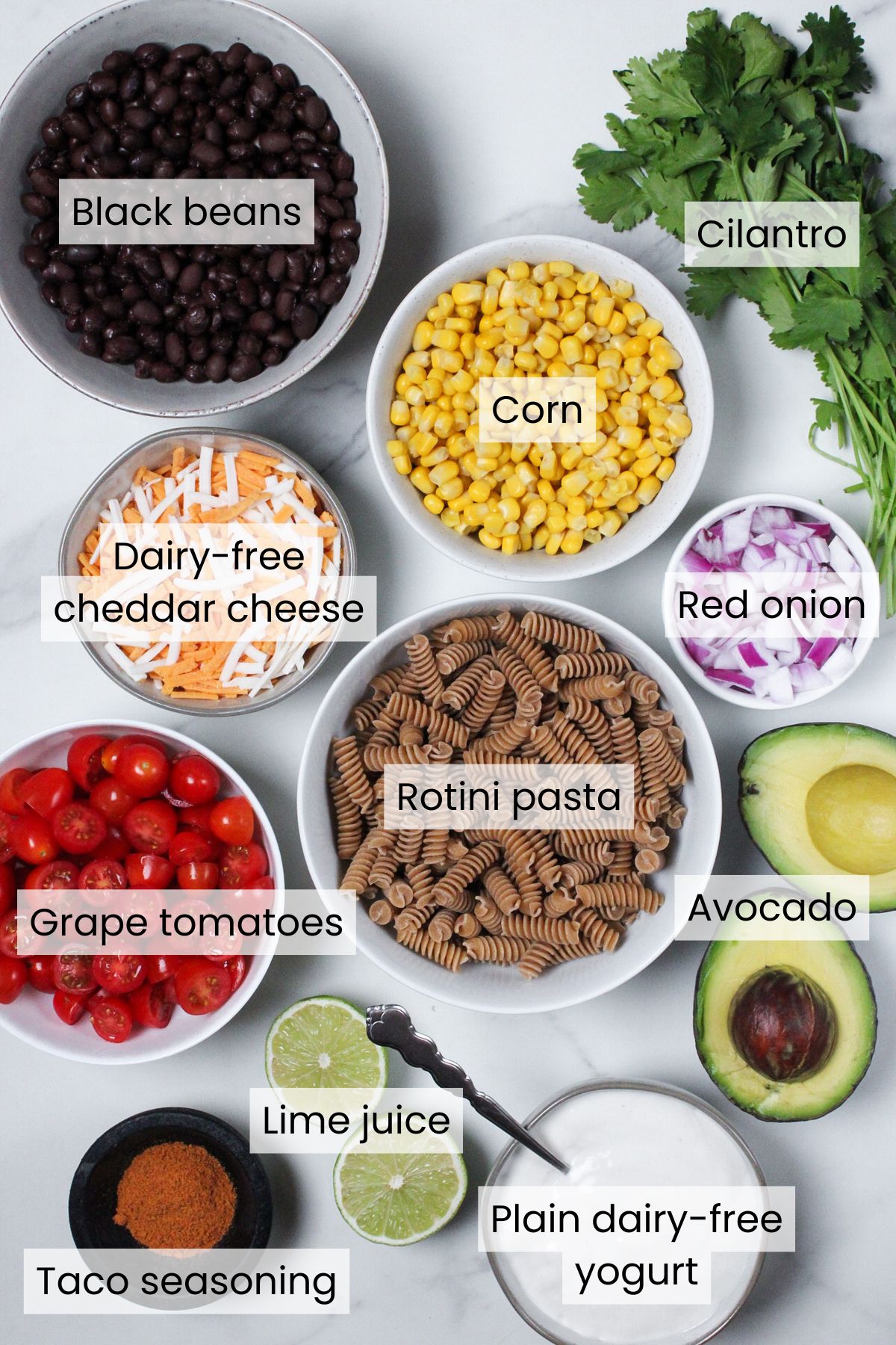 Ingredients for vegan taco pasta salad: rotini pasta, black beans, corn, grape tomatoes, avocado, red onion, cilantro, dairy-free cheddar cheese, plain dairy-free yogurt, lime juice, and taco seasoning.